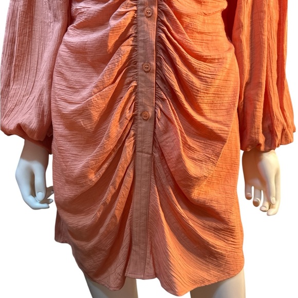 HYFVE  Ruched  Button Front Orange Mini Long Sleeve Rayon Blend Dress Sz S NWT - Picture 2 of 7